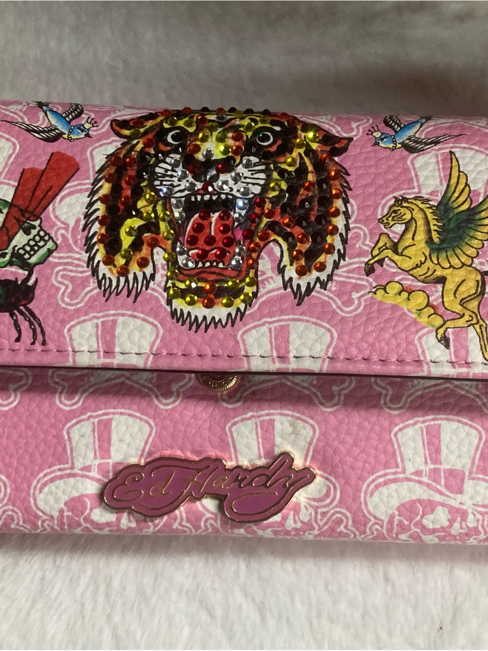 Ed Hardy Pink Tiger Rhinestone Flap Wallet